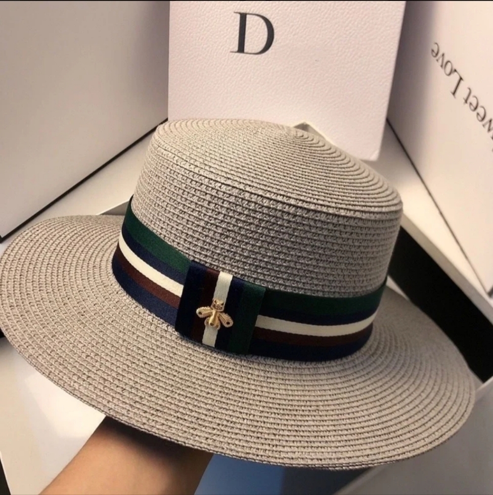 Muli-Color Striped Bee Flat Top Straw Hat with Ribbon Accent NEW